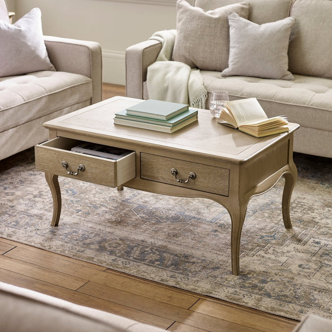 Camille 2 Drawer Coffee Table - Limed Oak1 - Duck Barn Interiors