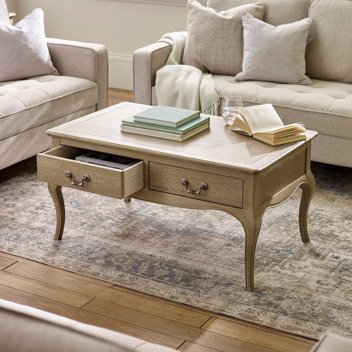 Camille 2 Drawer Coffee Table - Limed Oak1 - Duck Barn Interiors