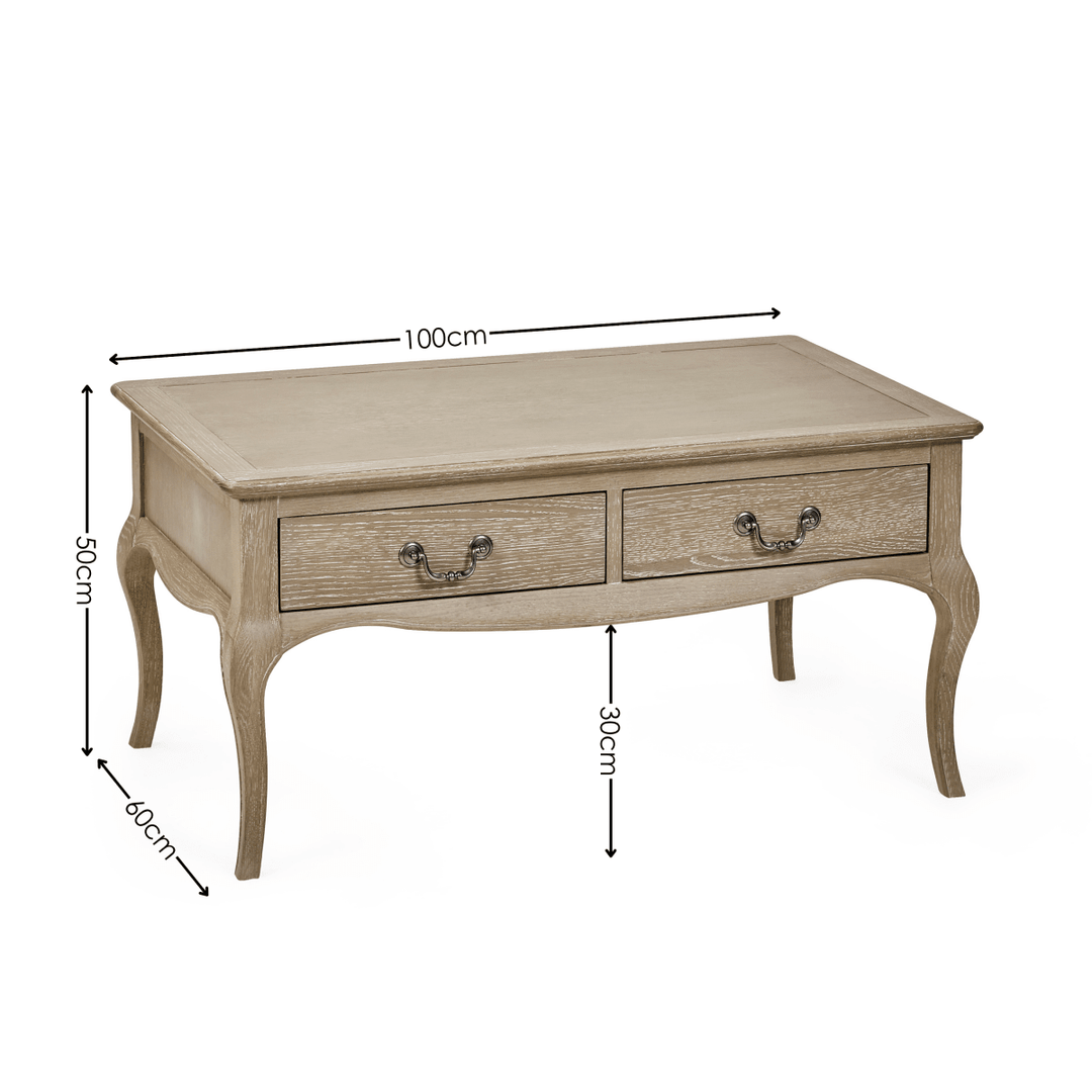 Camille 2 Drawer Coffee Table - Limed Oak8 - Duck Barn Interiors