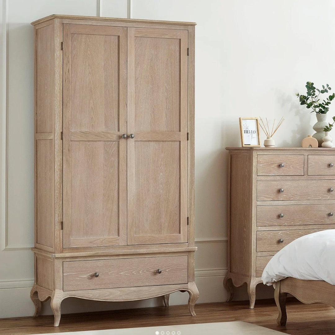 Camille Double Wardrobe with Low Drawer - Limed Oak2 - Duck Barn Interiors