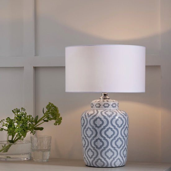 Celia Grey and White Pattern Ceramic Lamp - Ivory Shade - Duck Barn Interiors