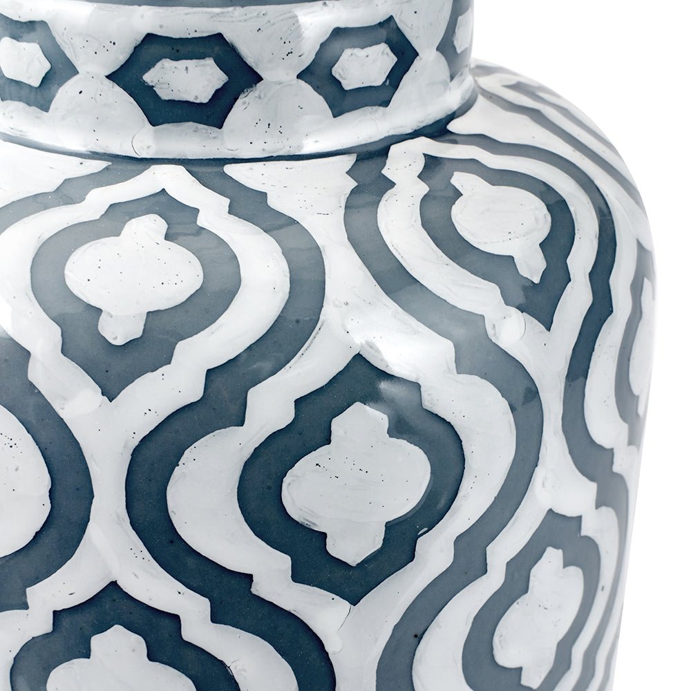 Celia Grey and White Pattern Ceramic Lamp - Ivory Shade - Duck Barn Interiors