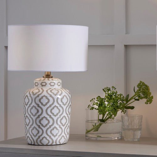 Celia Taupe Pattern Ceramic Lamp - Ivory Shade - Duck Barn Interiors