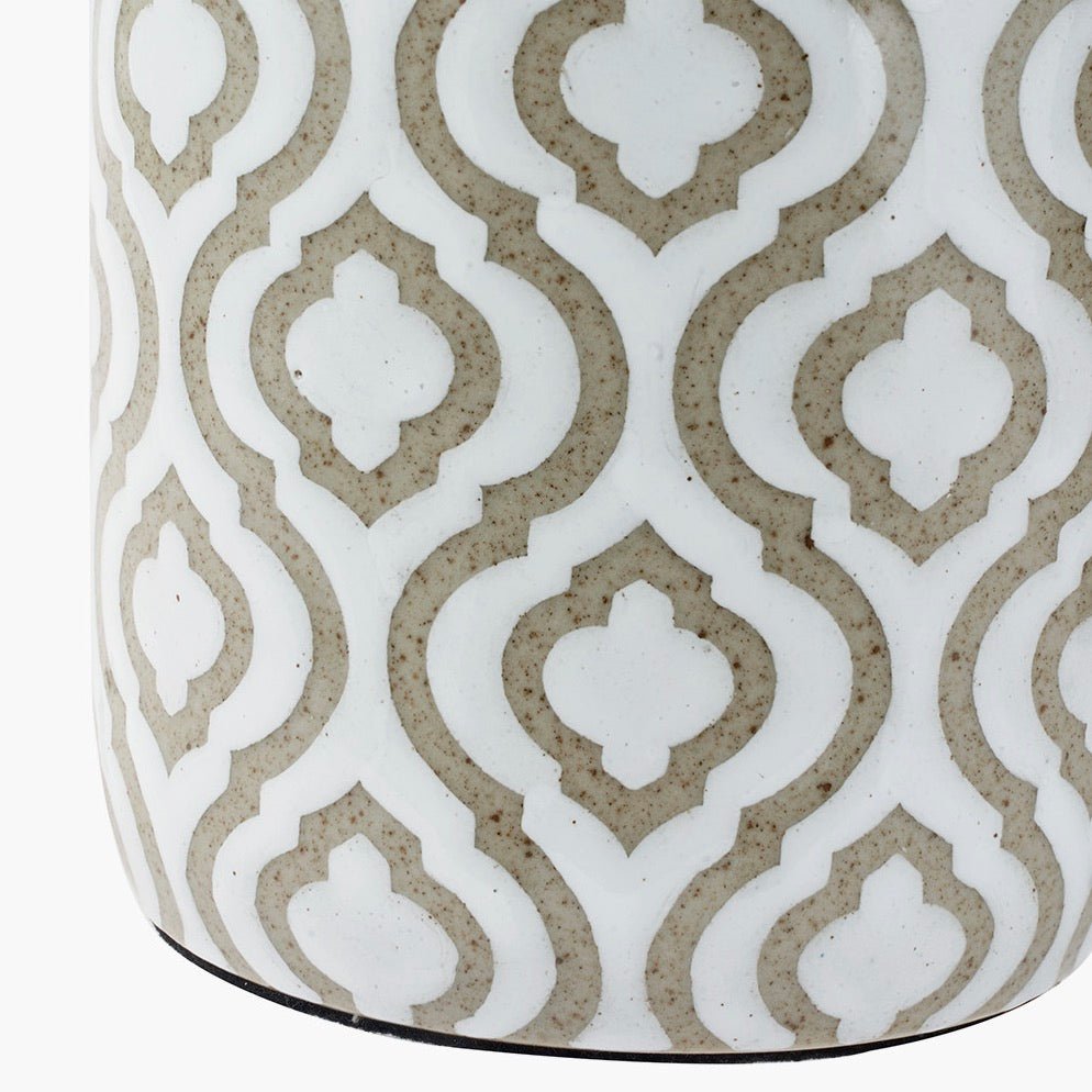 Celia Taupe Pattern Ceramic Lamp - Ivory Shade3 - Duck Barn Interiors