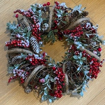 Christmas Wreath - Wire Wring with String Holly & Cones5 - Duck Barn Interiors