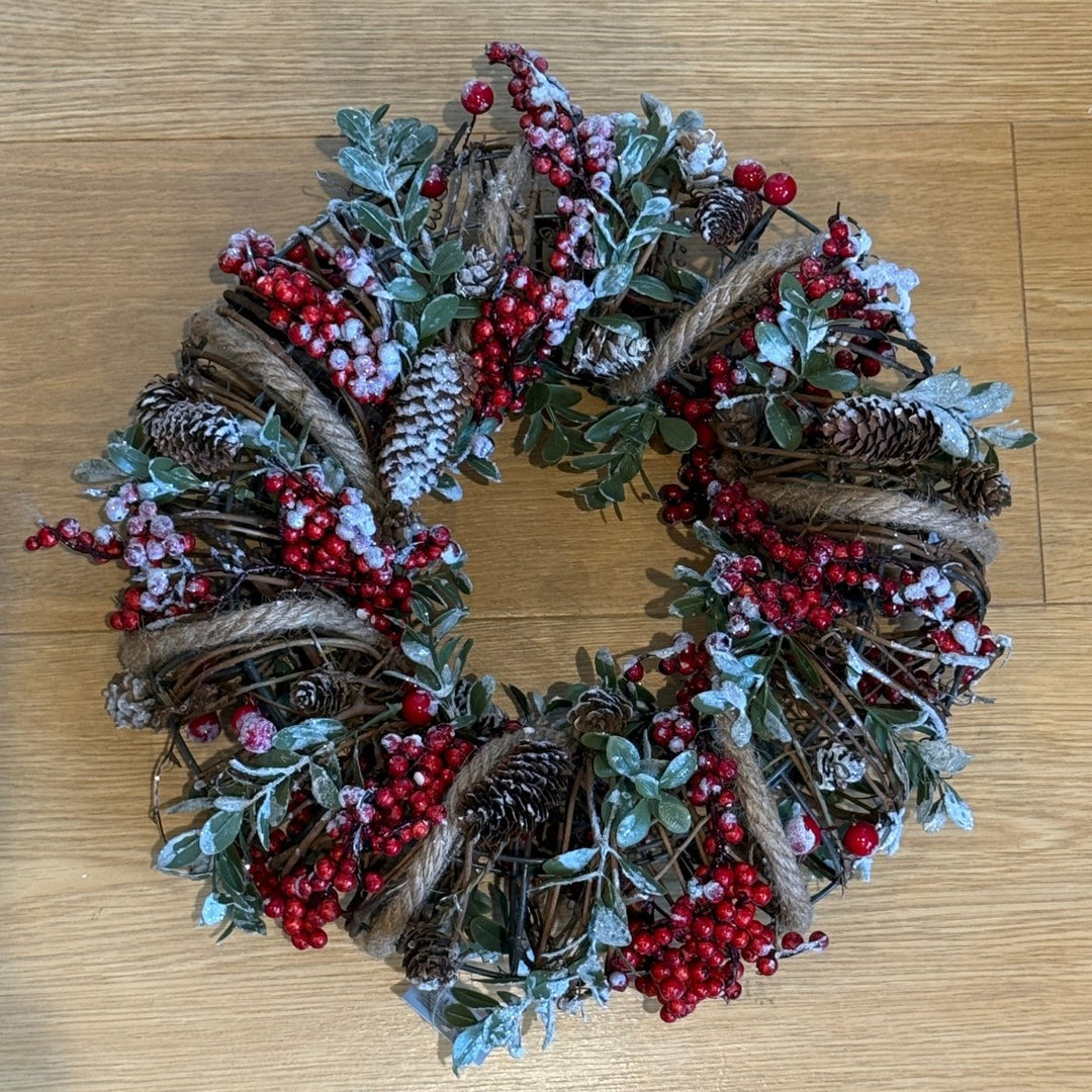 Christmas Wreath - Wire Wring with String Holly & Cones2 - Duck Barn Interiors