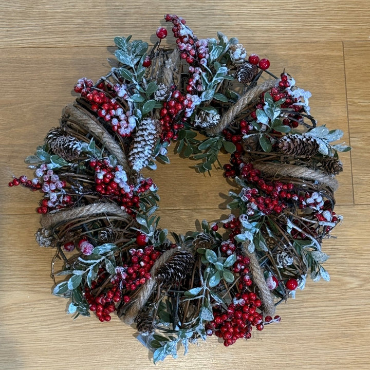 Christmas Wreath - Wire Wring with String Holly & Cones2 - Duck Barn Interiors