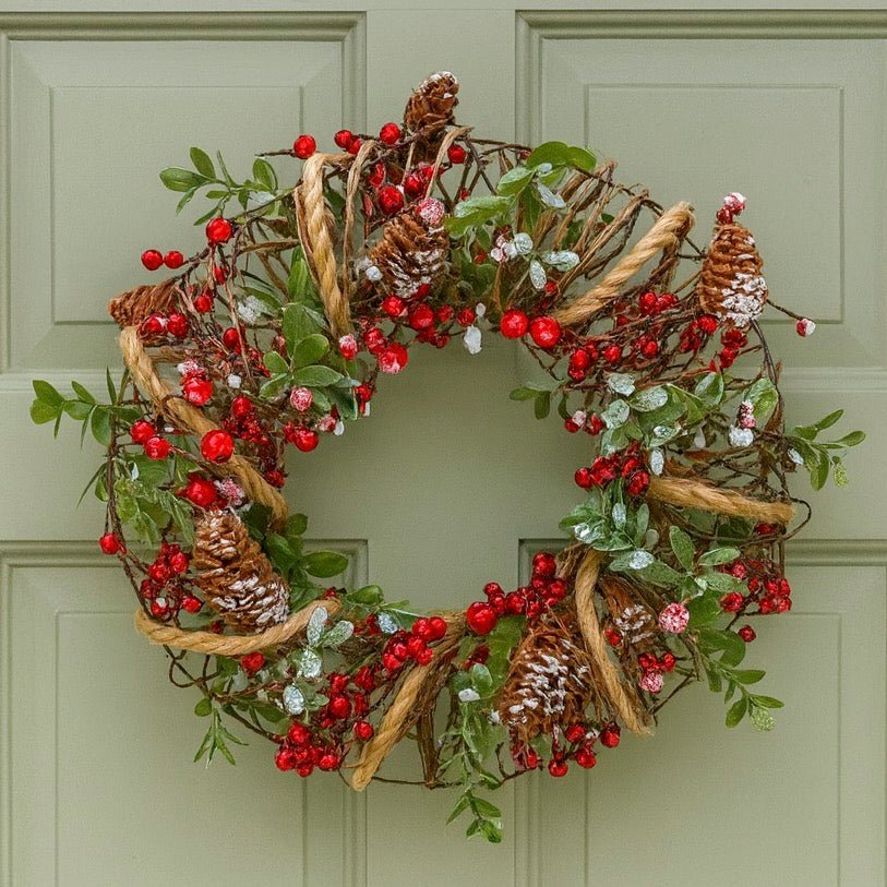 Christmas Wreath - Wire Wring with String Holly & Cones1 - Duck Barn Interiors