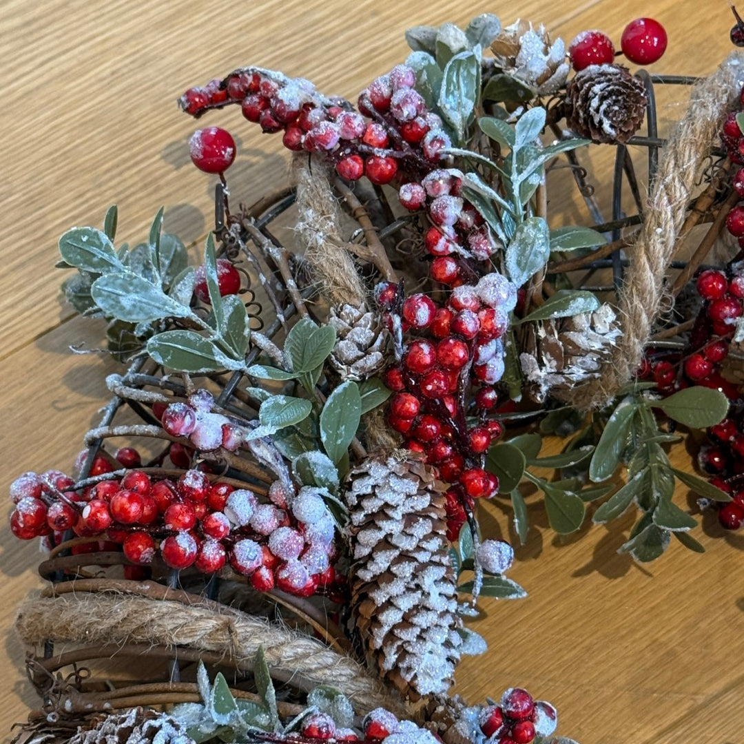 Christmas Wreath - Wire Wring with String Holly & Cones4 - Duck Barn Interiors