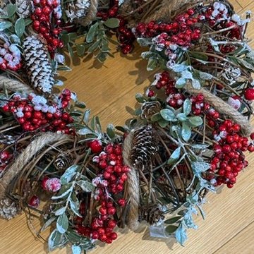 Christmas Wreath - Wire Wring with String Holly & Cones3 - Duck Barn Interiors