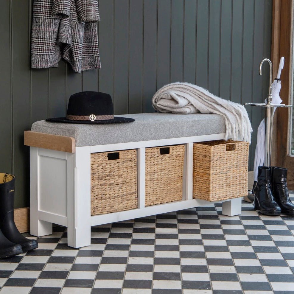 Clanfield White Hallway Storage Seating Bench1 - Duck Barn Interiors