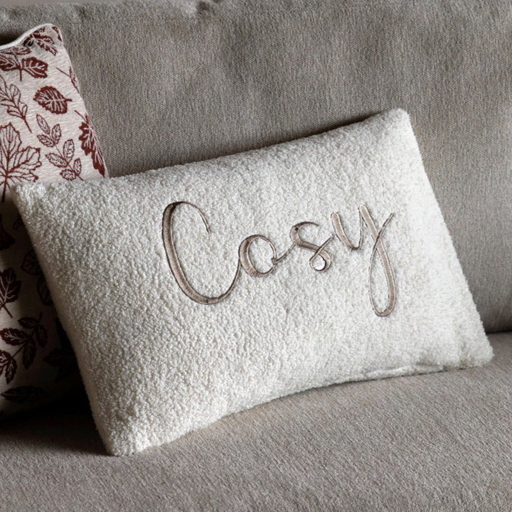 Cosy Embroidered White Boucle Cushion1 - Duck Barn Interiors
