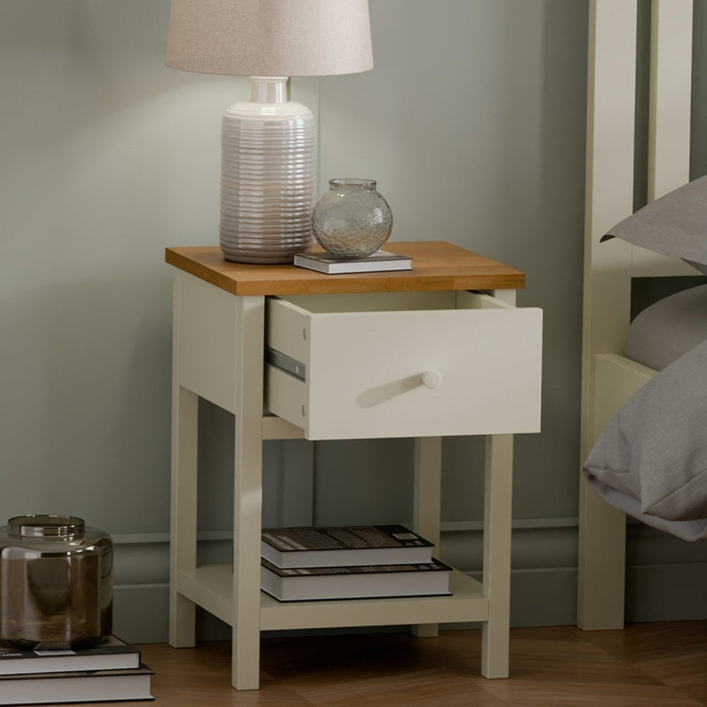Coxmoor 1 Drawer Bedside Table - Ivory and Oak3 - Duck Barn Interiors