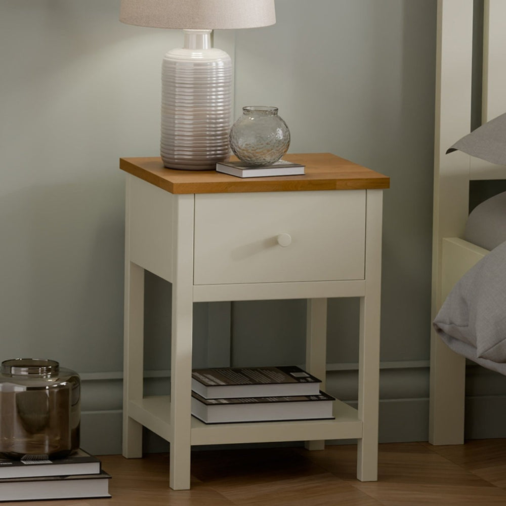 Coxmoor 1 Drawer Bedside Table - Ivory and Oak1 - Duck Barn Interiors