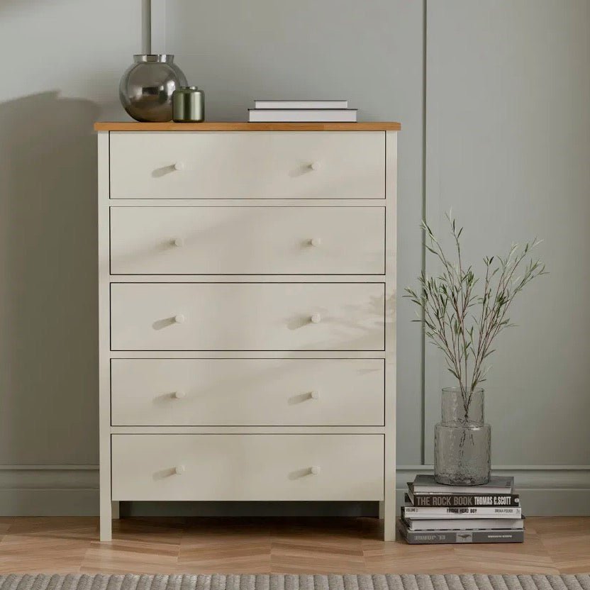 Coxmoor 5 Drawer Wide Chest - Ivory and Oak1 - Duck Barn Interiors