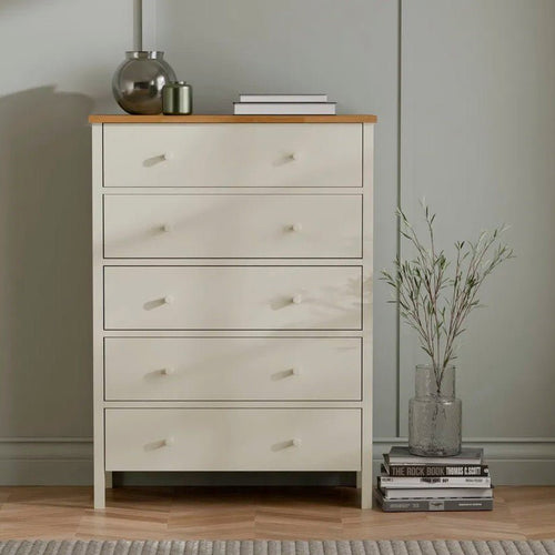 Coxmoor 5 Drawer Wide Chest - Ivory and Oak