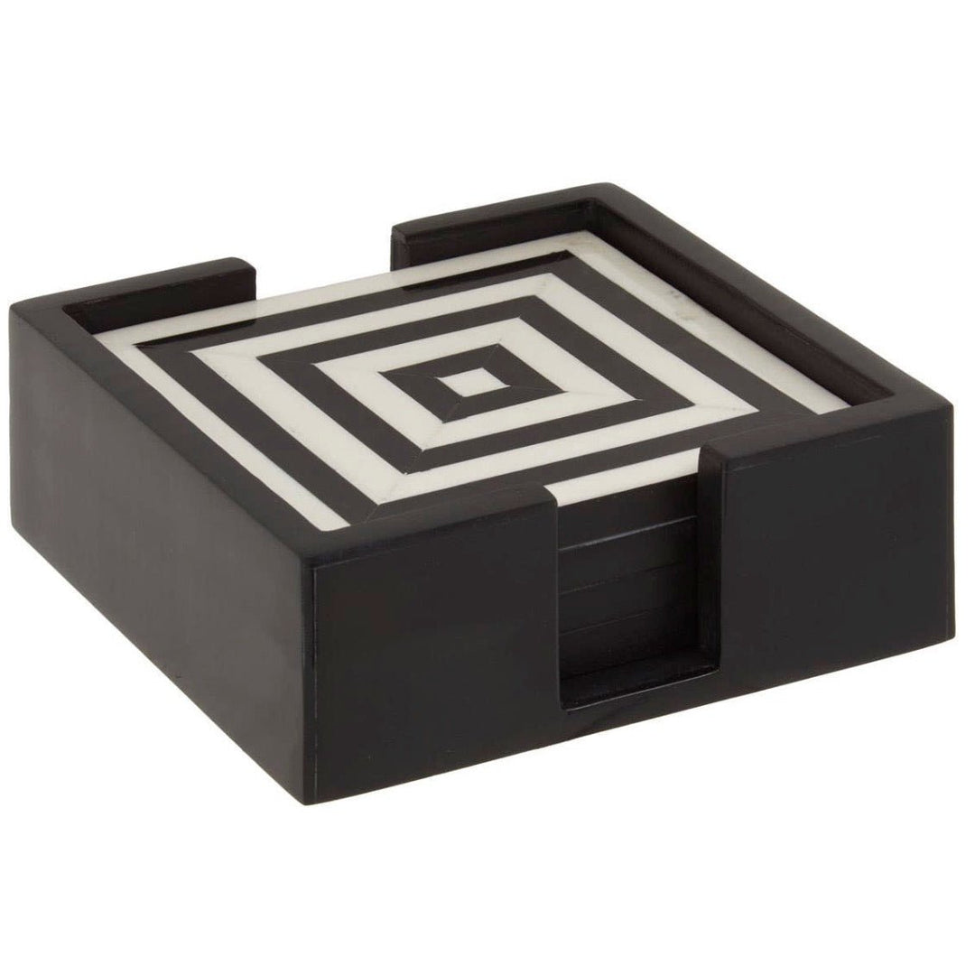 Donato Set of 4 Black and White Stripe Coasters with Holder2 - Duck Barn Interiors