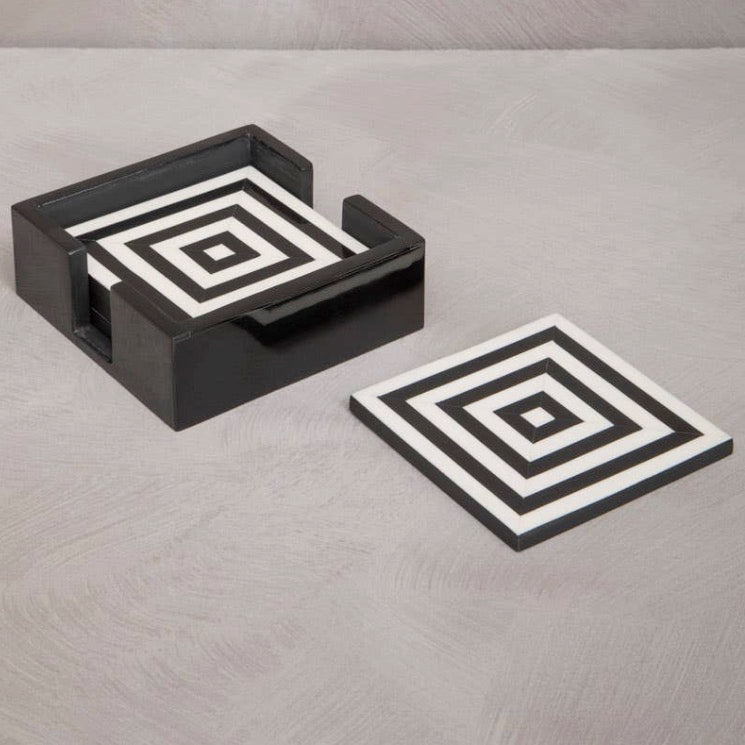Donato Set of 4 Black and White Stripe Coasters with Holder4 - Duck Barn Interiors