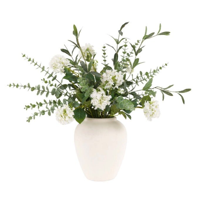 Faux Eucalytpus & Hydrangea in White Vase3 - Duck Barn Interiors