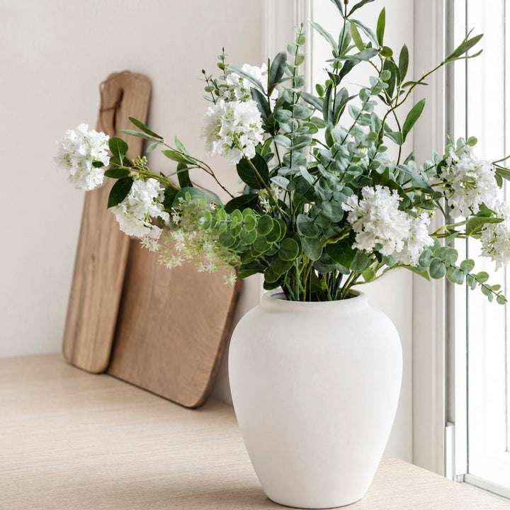 Faux Eucalytpus & Hydrangea in White Vase1 - Duck Barn Interiors