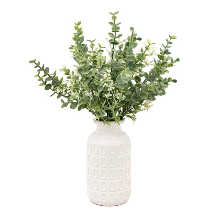 Faux Eucalytpus in Retro White Vase1 - Duck Barn Interiors