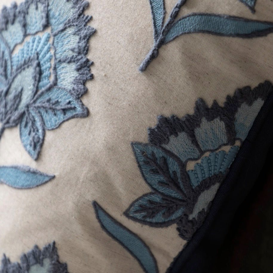 Fleur Embroidered Cushion Ink Blue3 - Duck Barn Interiors