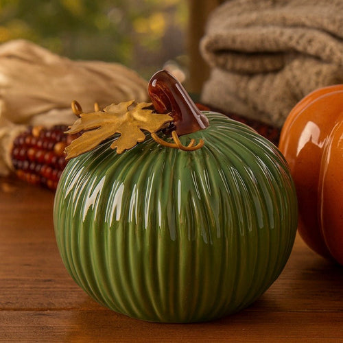 Gisela Graham Green Mini Pumpkin with Gold Leaf