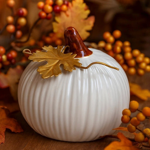 Gisela Graham White Mini Pumpkin with Gold Leaf