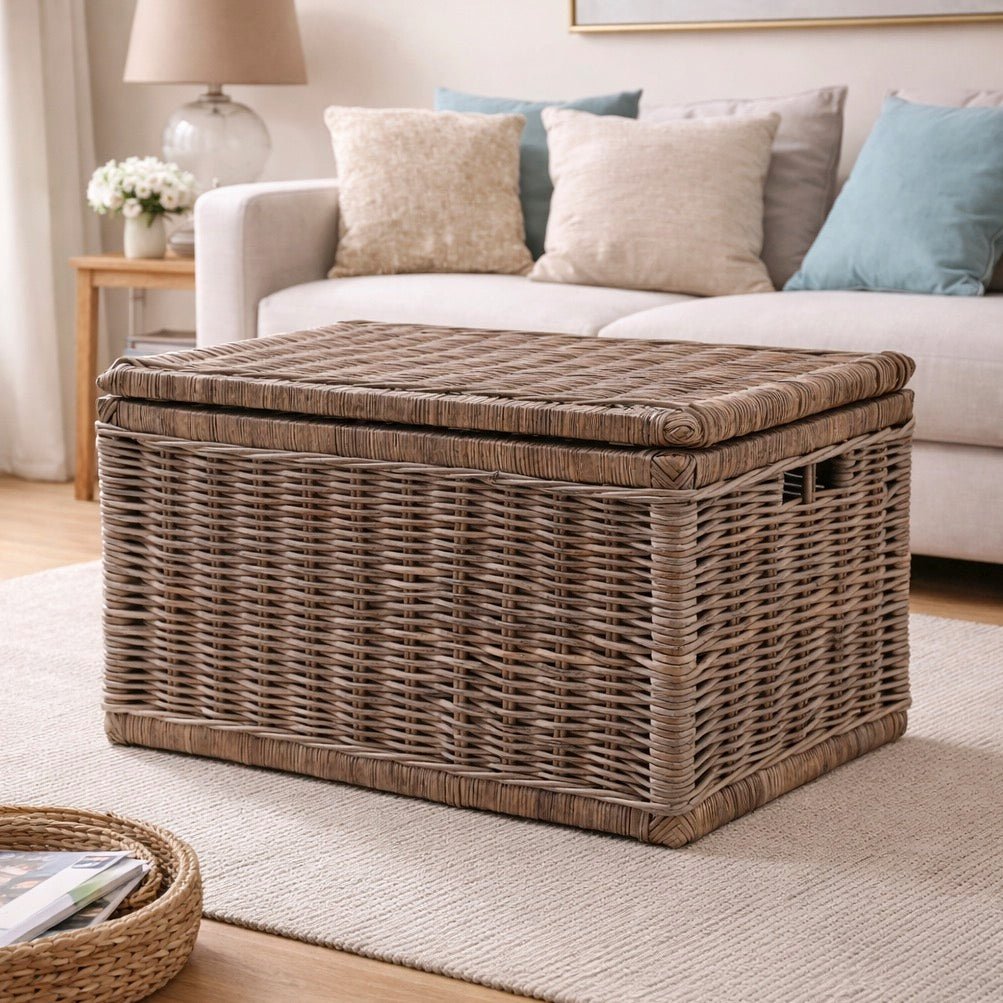 Grey Rectangle Wicker Lidded Storage Chest with Handles - Large1 - Duck Barn Interiors