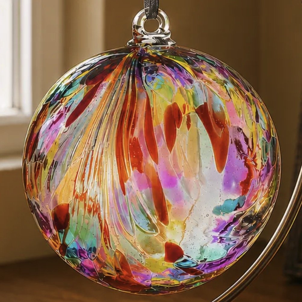 Hand Blown Glass 10cm Friendship Ball - Feather Design - Multicoloured ...