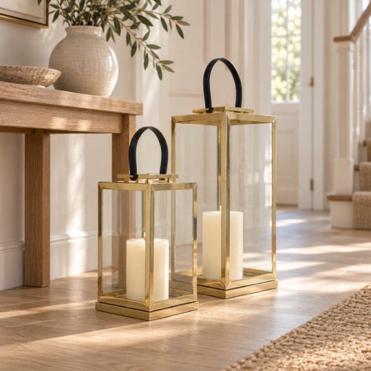 Herber Gold Finish Lantern with Leather Handle - Small11 - Duck Barn Interiors