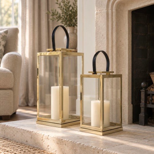 Herber Gold Finish Lantern with Leather Handle - Small2 - Duck Barn Interiors