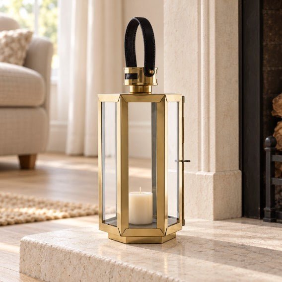 Herber Hexagonal Gold Finish Lantern - Small1 - Duck Barn Interiors