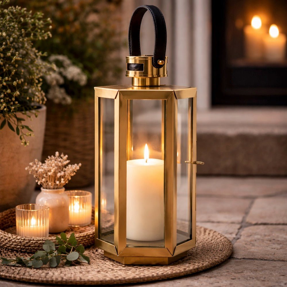 Herber Hexagonal Gold Finish Lantern - Small1 - Duck Barn Interiors