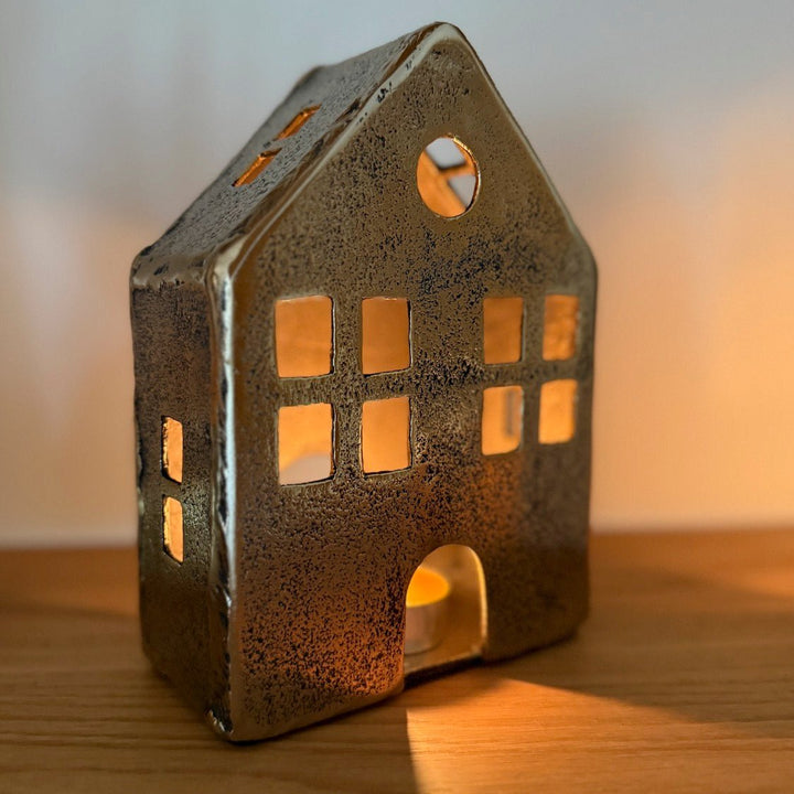 House Tealight Holder - Antique Gold2 - Duck Barn Interiors