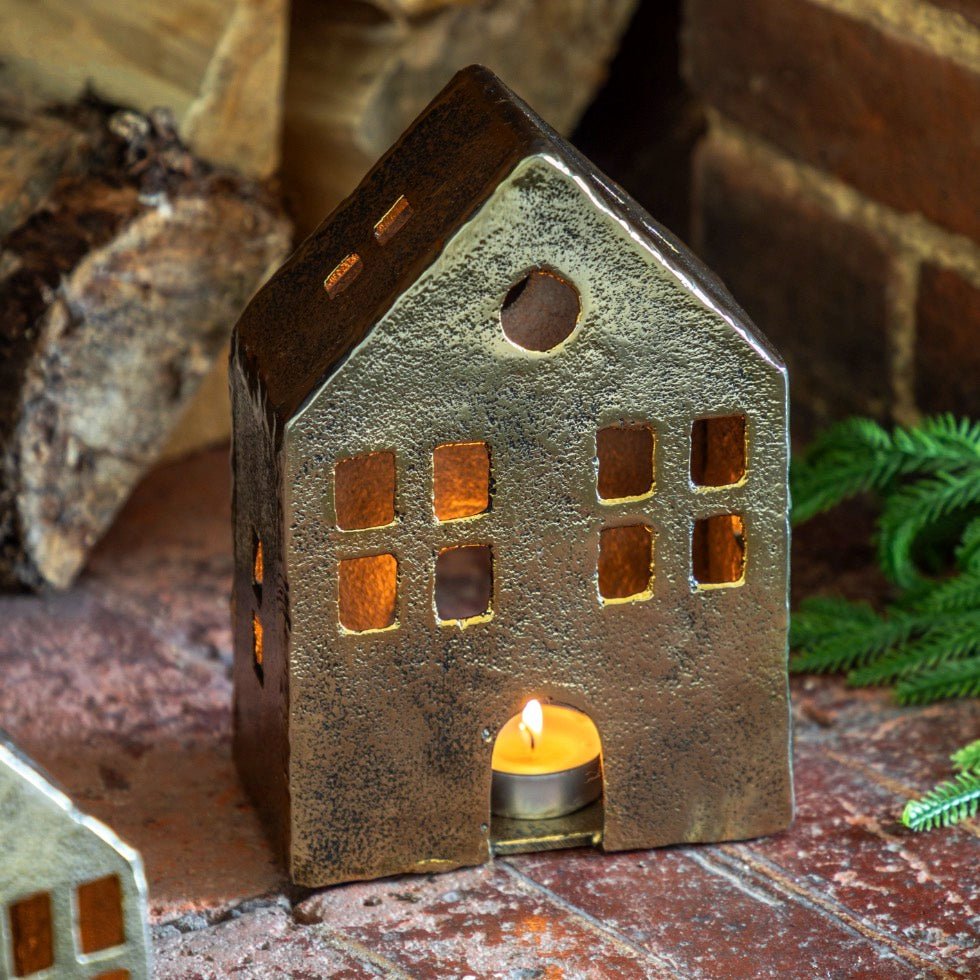 House Tealight Holder - Antique Gold2 - Duck Barn Interiors