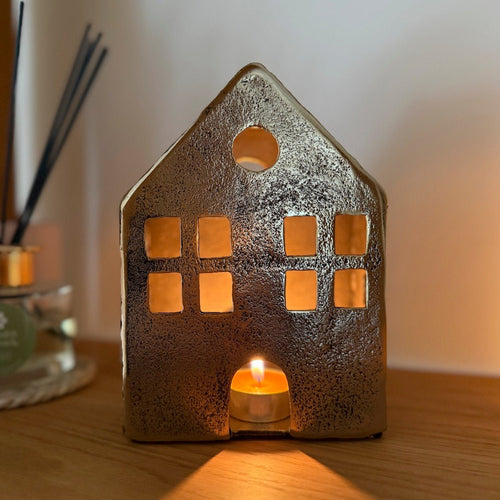 House Tealight Holder - Antique Gold