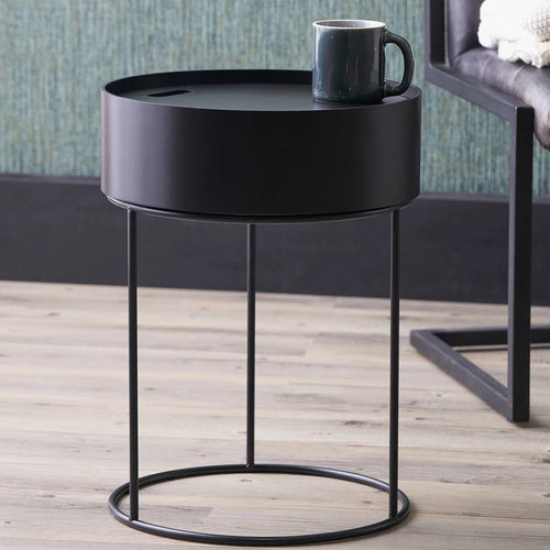 Hugo Wood & Metal Round Storage Side Table - Black