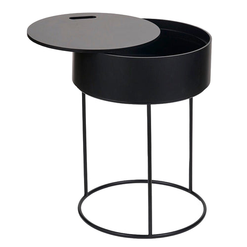 Hugo Wood & Metal Round Storage Side Table - Black
