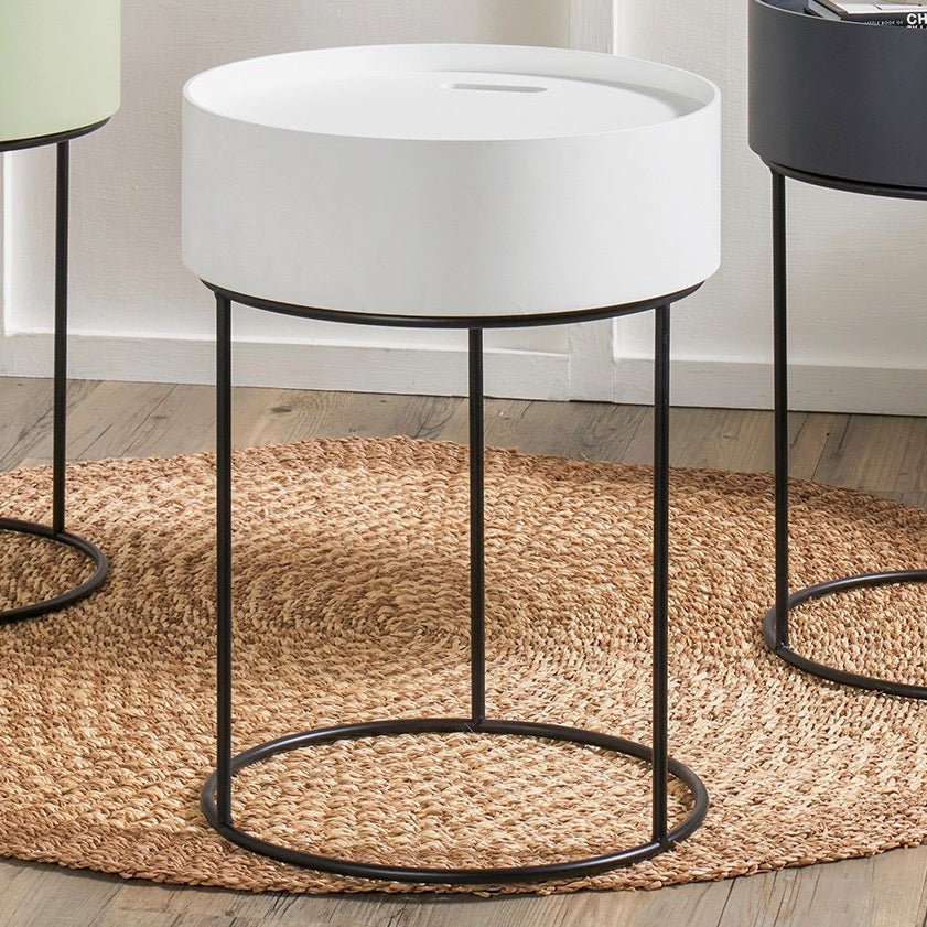 Hugo Wood & Metal Round Storage Side Table - White2 - Duck Barn Interiors