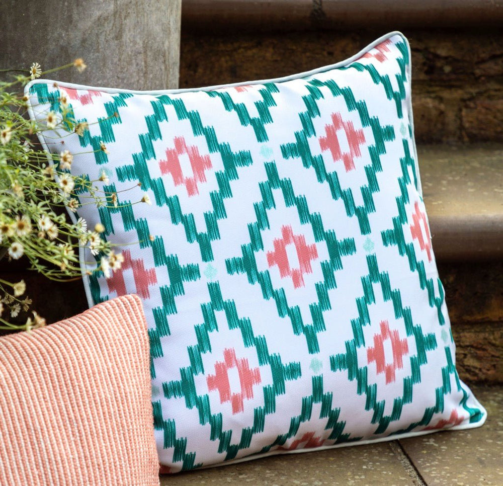 Indoor/Outdoor Aroha Geo Printed Cushion - Apricot1 - Duck Barn Interiors