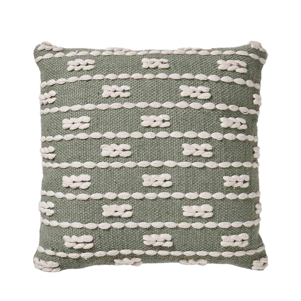Indoor/Outdoor Sage and White Braid Design Square Cushion1 - Duck Barn Interiors