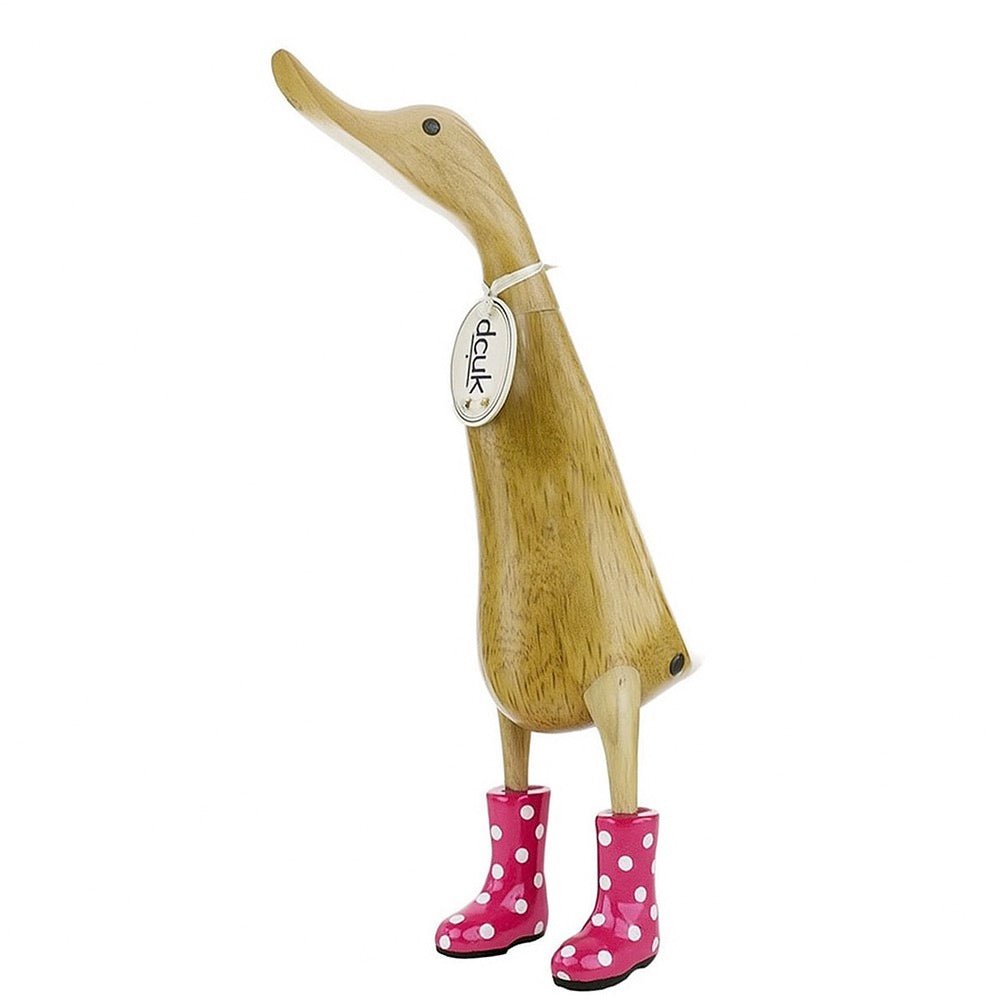 Large Wooden Duck in Bright Pink and White Spotty Wellies1 - Duck Barn Interiors
