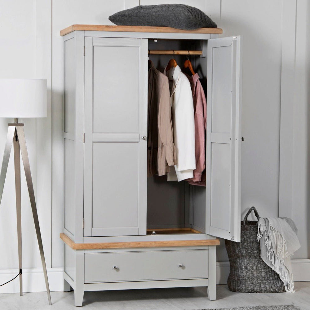 Loxhill Grey 2 Door Wardrobe with Low Drawer2 - Duck Barn Interiors