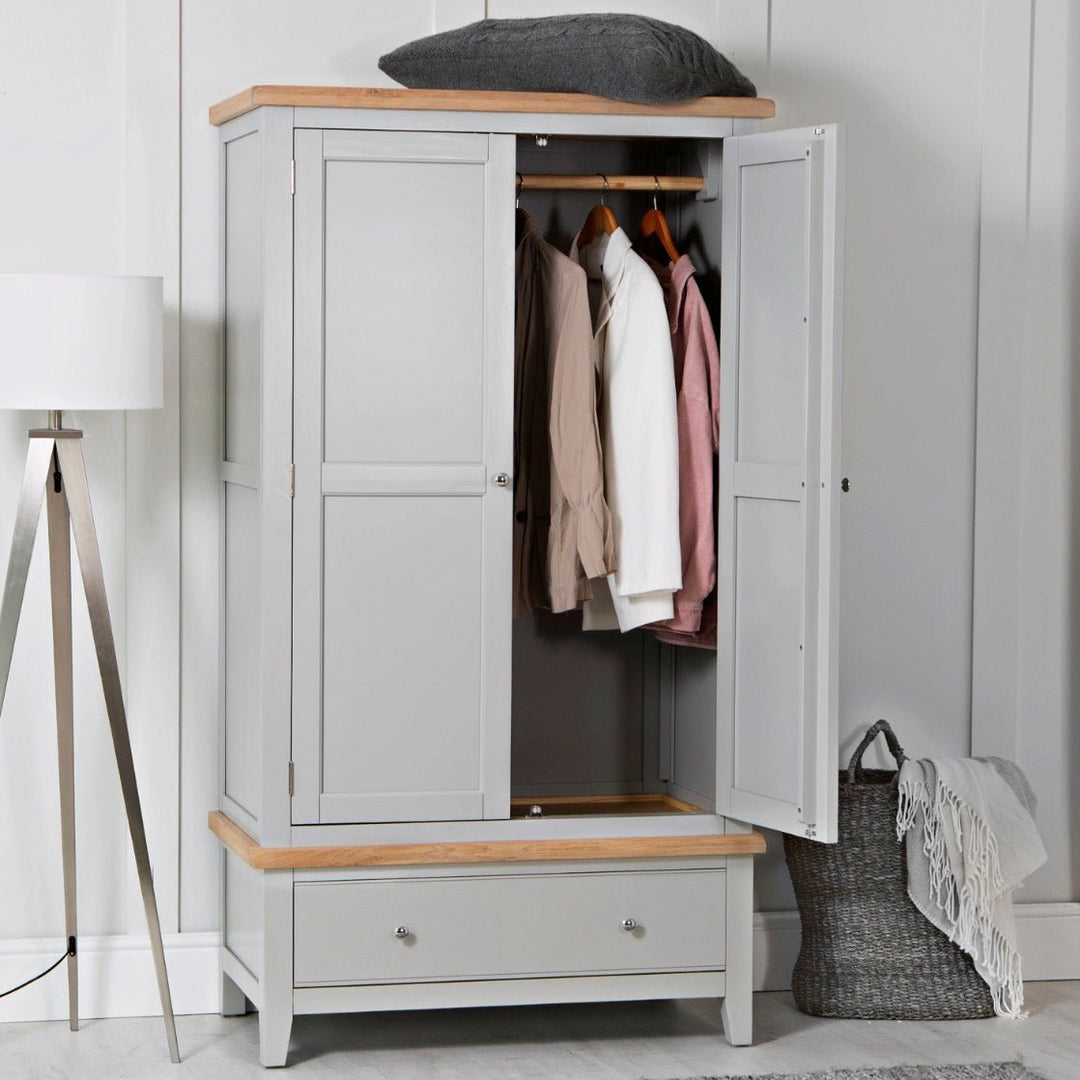 Loxhill Grey 2 Door Wardrobe with Low Drawer2 - Duck Barn Interiors