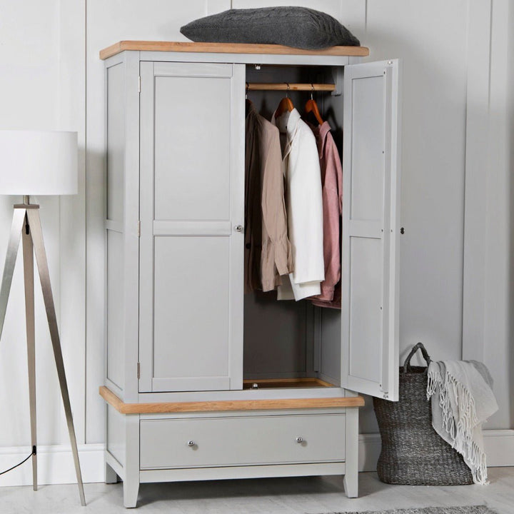 Loxhill Grey 2 Door Wardrobe with Low Drawer2 - Duck Barn Interiors
