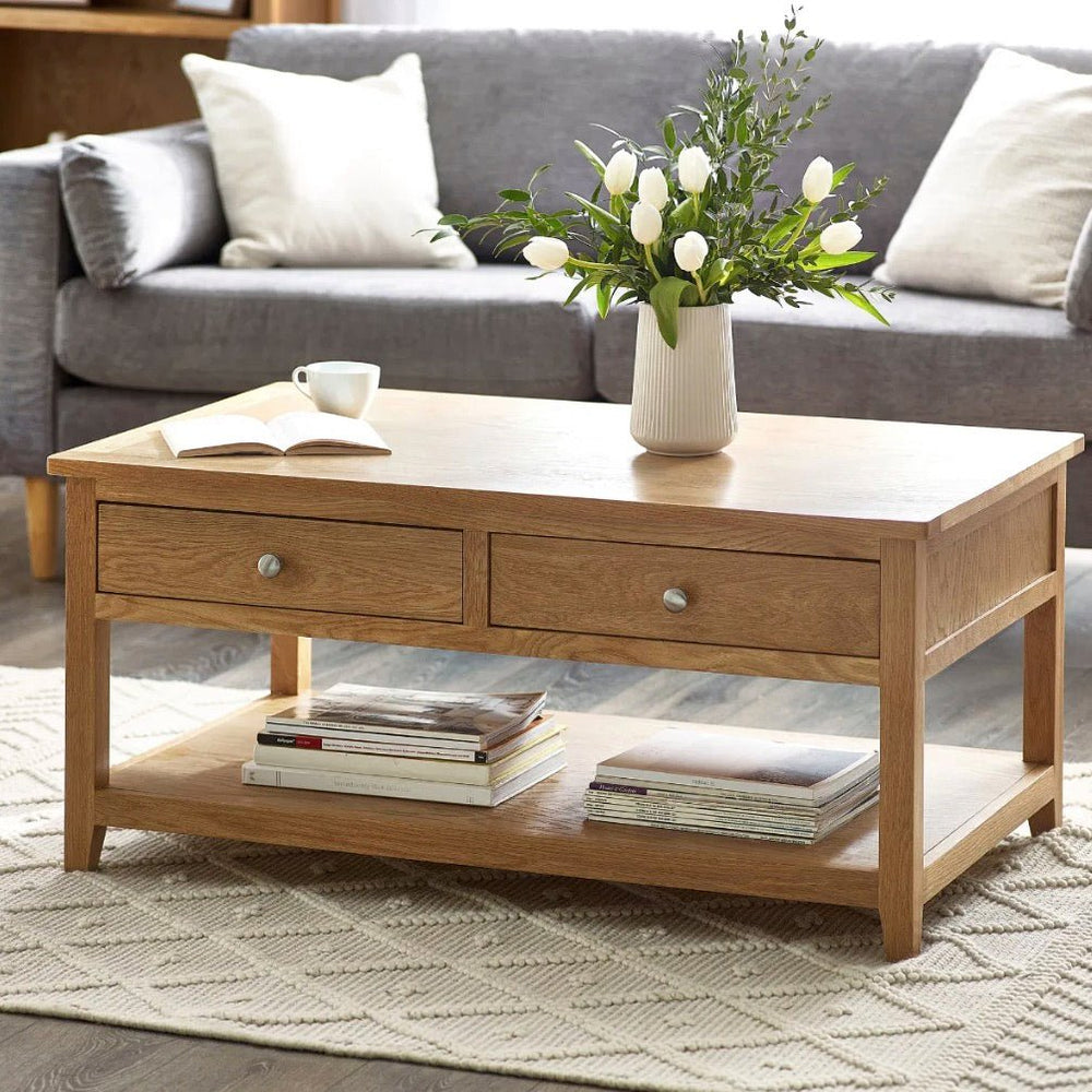 Mallory Oak Coffee Table with 2 Drawers1 - Duck Barn Interiors
