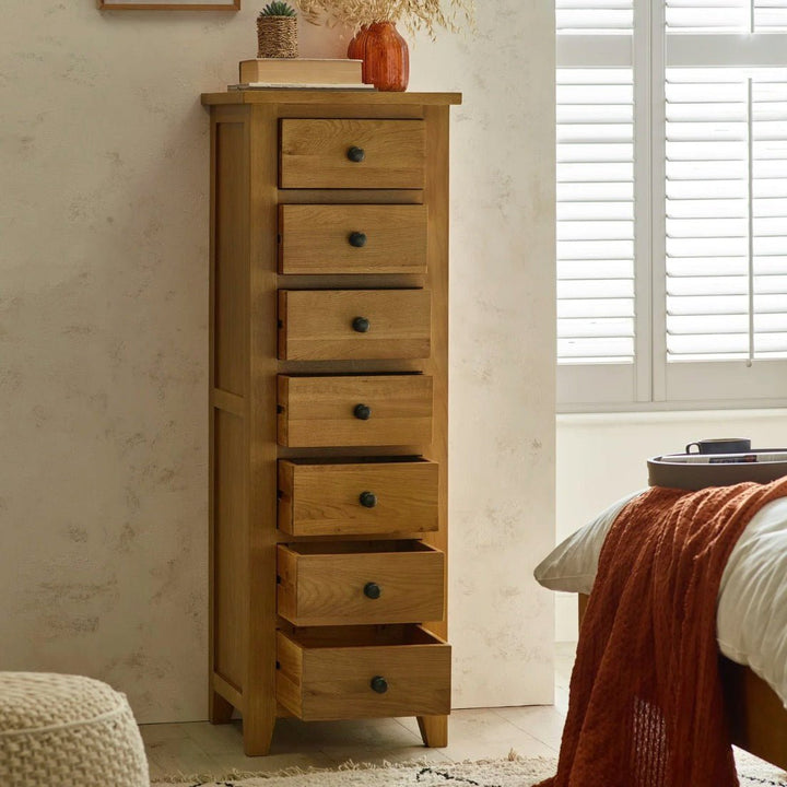 Marlborough Oak 7 Drawer Tallboy Chest of Drawers2 - Duck Barn Interiors