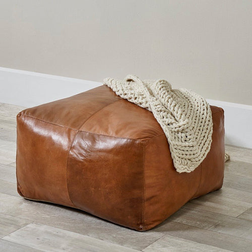 Matteo Leather Square Pouffe - Natural Tan