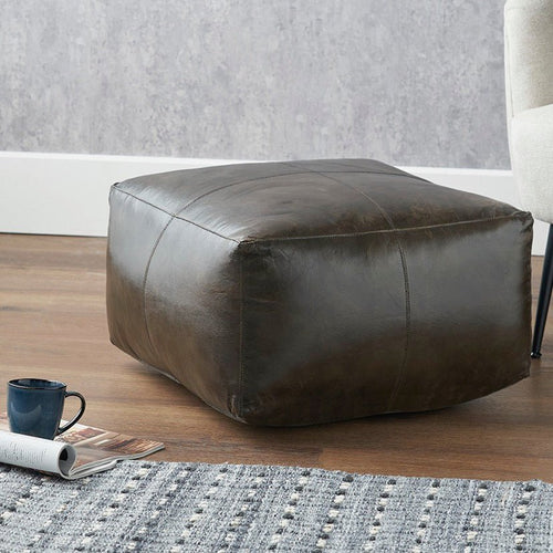 Matteo Leather Square Pouffe - Peppercorn